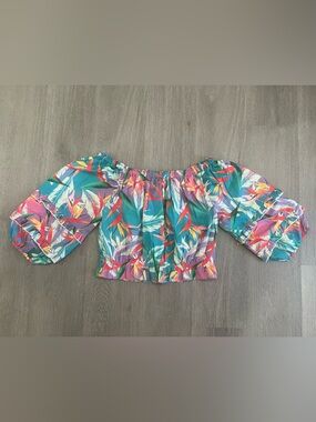 Rachel Zoe Teal Tropical Off-Shoulder Puff Sleeve Top